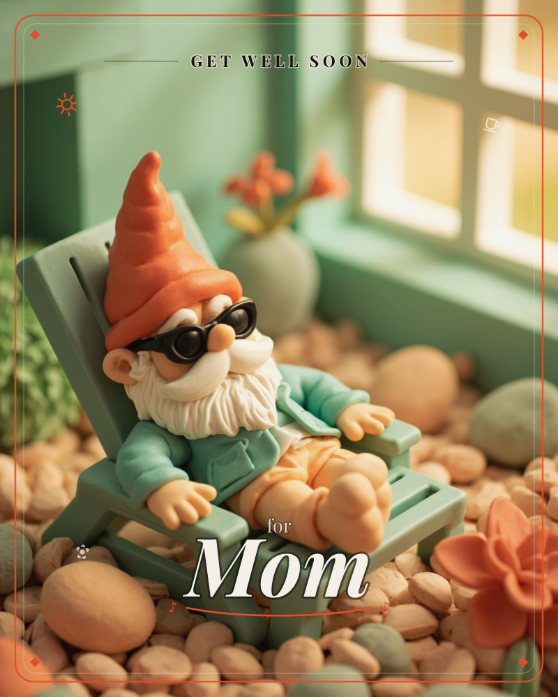 A claymation-style garden gnome in an orange pointed hat and round black sunglasses lounges back in a mint-green deck chair, arms and legs stretched…, a getwell e-card design