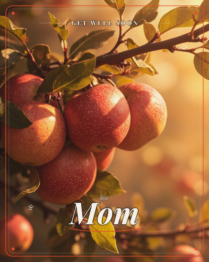 A cluster of ripe red apples hangs heavy on a leafy branch, caught in warm golden-hour sunlight that glows through the orchard behind, a getwell e-card design