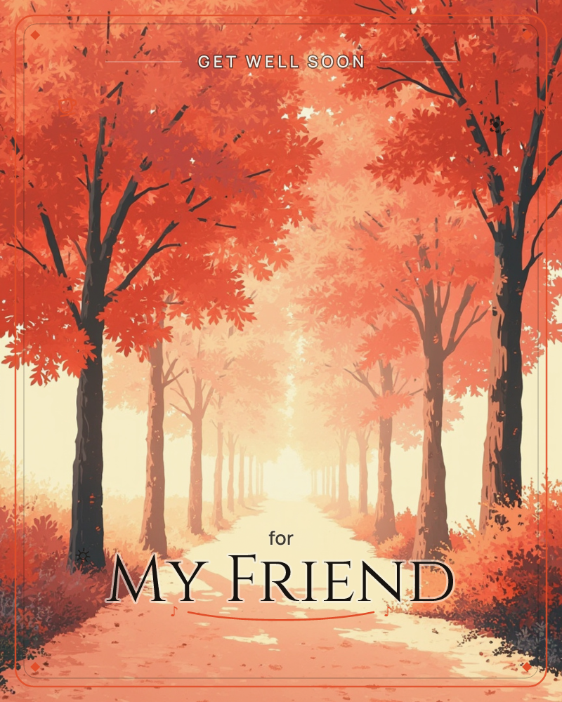 A quiet path stretches into a glowing horizon, lined on both sides by rows of trees heavy with fiery red-orange autumn leaves, a getwell e-card design