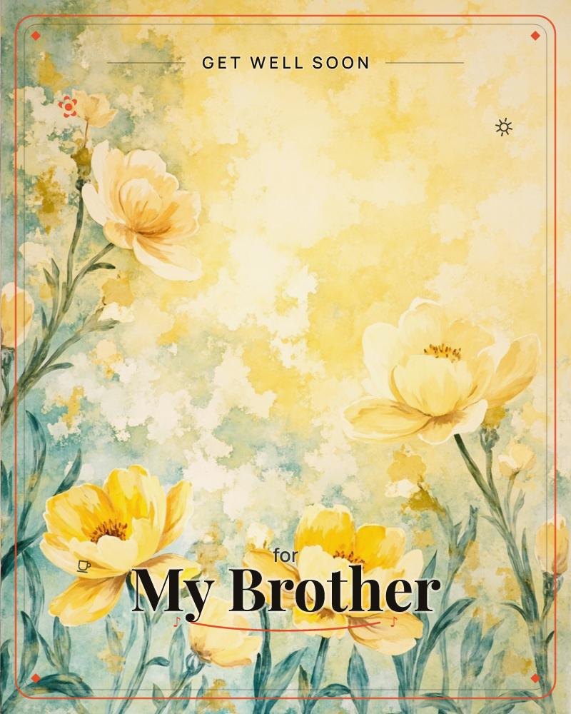 Golden-yellow poppies bloom across a softly mottled background of sunlit yellow and pale sage, their long stems and slender green leaves rising from…, a getwell e-card design