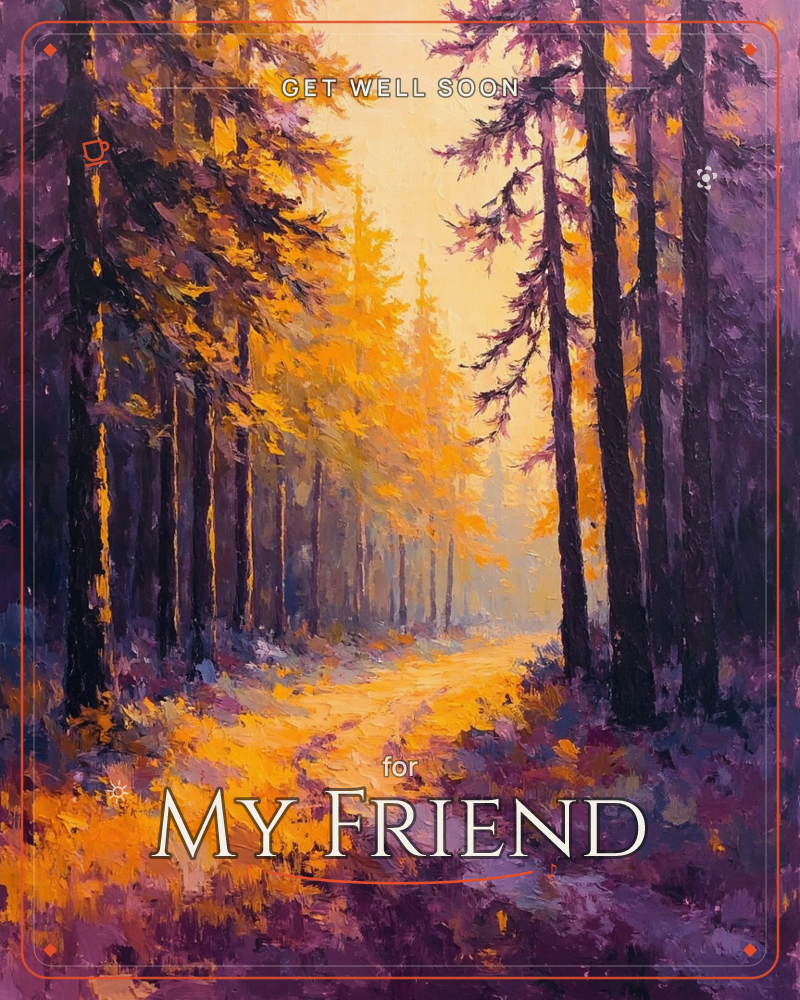 A sunlit dirt path curves away through a dense pine forest, flanked by tall trunks painted in deep plum shadow while their upper branches blaze gold…, a getwell e-card design