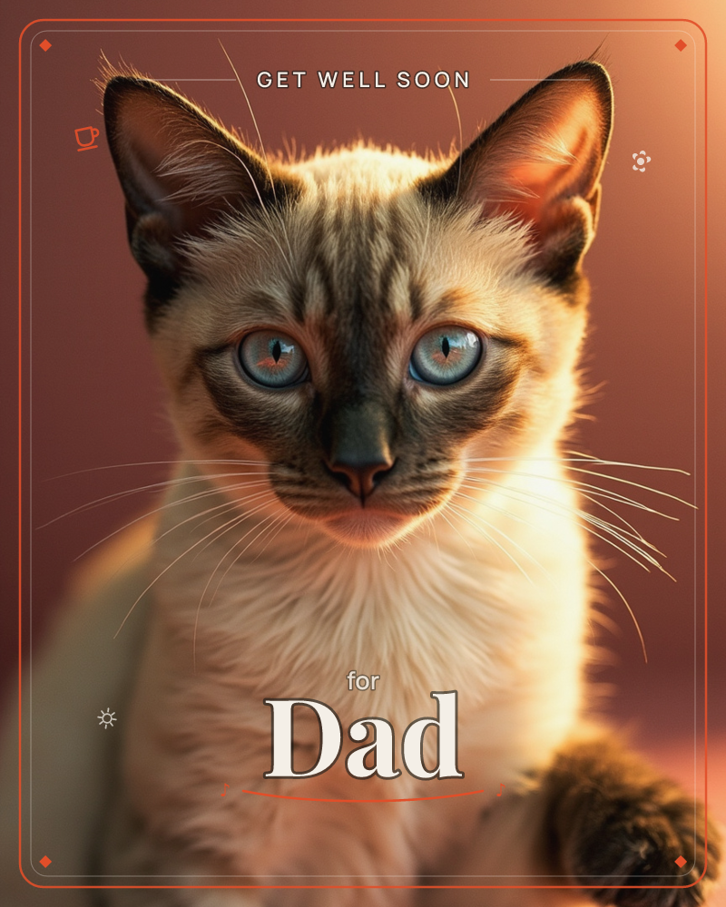 A close-up portrait of a Siamese-type kitten with striking pale blue eyes, dark ears and mask, and long whiskers catching the light, a getwell e-card design