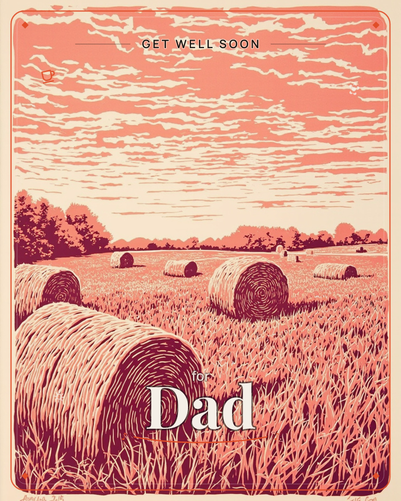 A harvested field stretches to a tree line under a sky streaked with wind-swept clouds, round hay bales scattered across the stubbled rows, a getwell e-card design