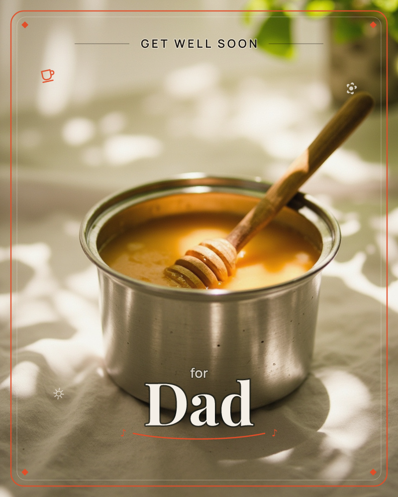 A small metal pot brims with golden honey, a wooden dipper resting inside it, set on a pale linen cloth dappled with sunlight and leafy shadows, a getwell e-card design