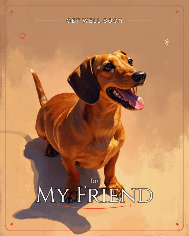A cheerful dachshund stands against a warm, sunlit tan backdrop, its tongue lolling out in a happy grin and its tail curled upward, a getwell e-card design
