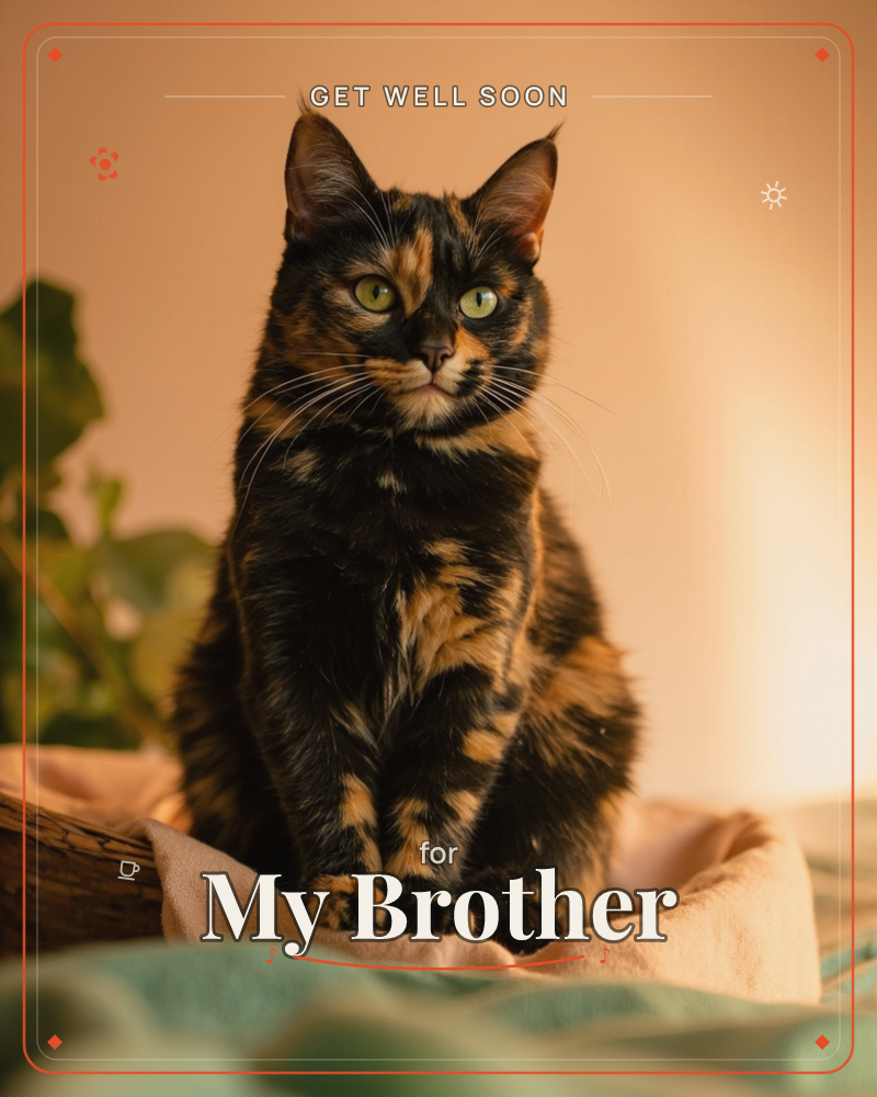 A tortoiseshell cat sits bolt upright on a soft blanket, its mottled black-and-amber coat catching a warm glow from behind, a getwell e-card design
