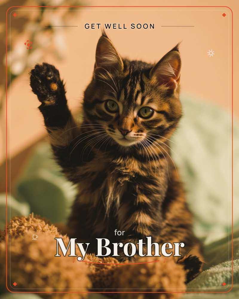 A tabby kitten sits amid soft sage-green cushions, one paw raised as if waving hello, its green eyes fixed on the camera, a getwell e-card design