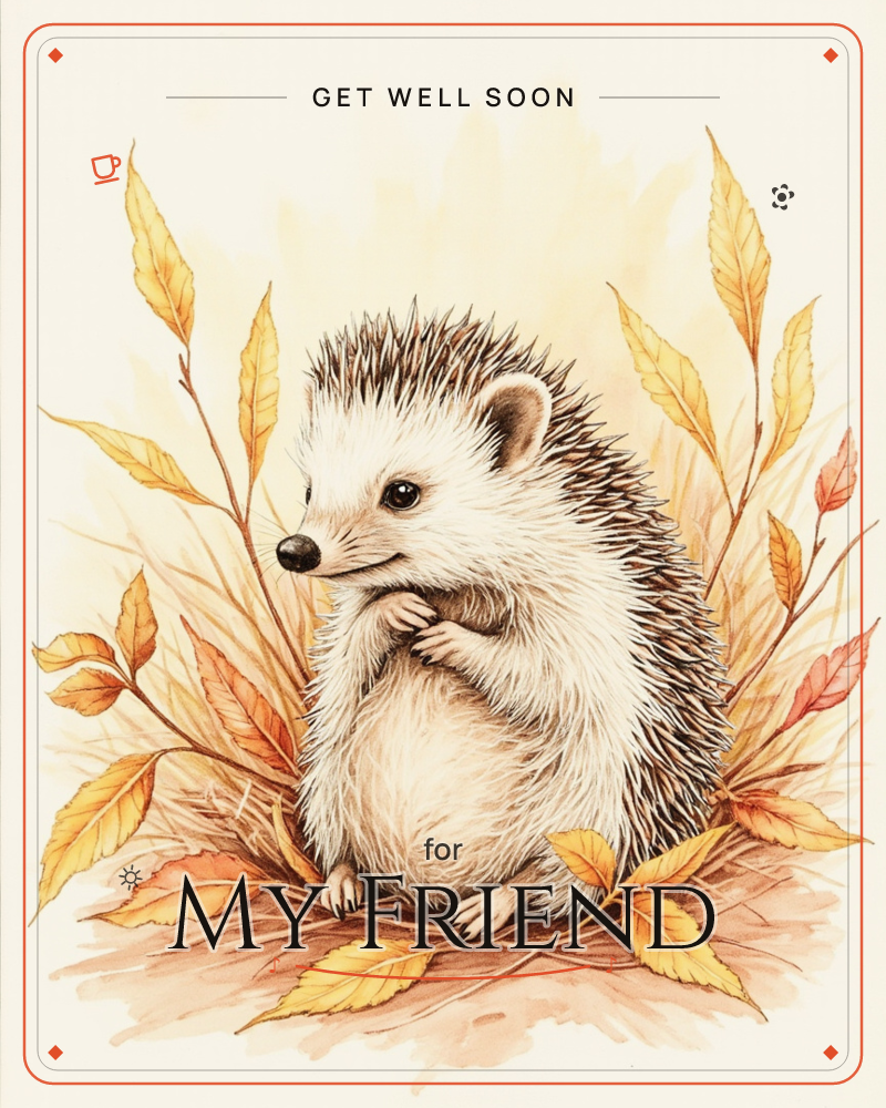 A round little hedgehog sits upright on a bed of fallen leaves, paws clasped together at its chest, surrounded by tall autumn foliage in gold and rust…, a getwell e-card design