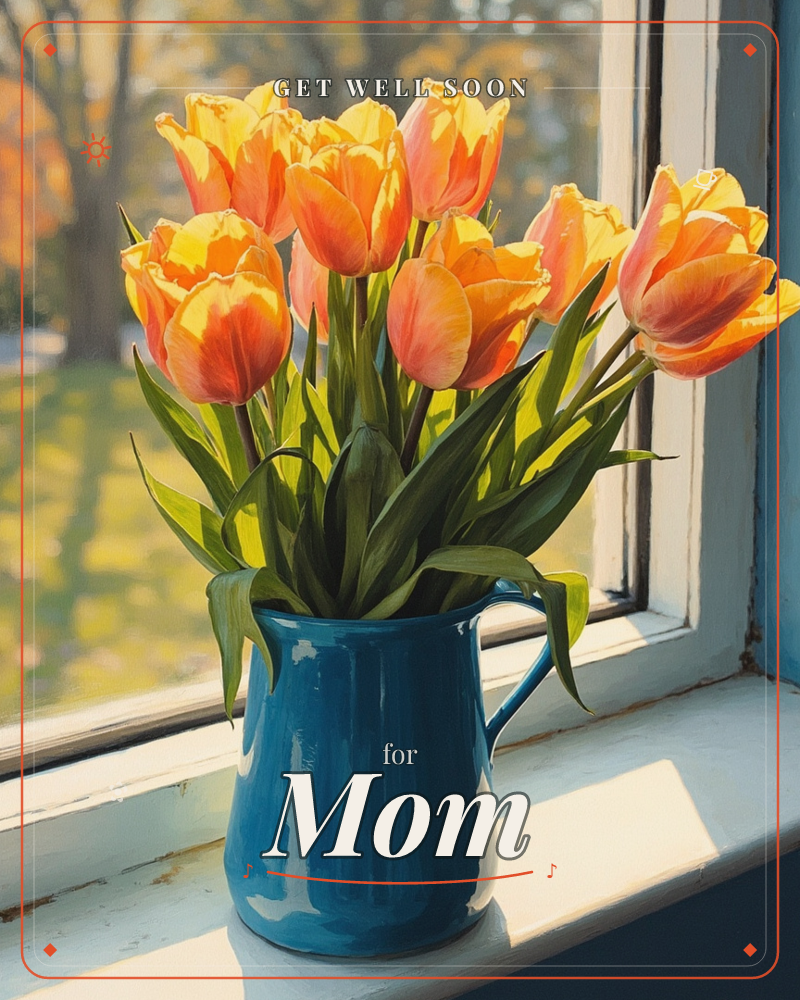 A blue enamel pitcher crowded with orange and yellow tulips sits on a sunlit windowsill, their petals glowing where the light passes through, a getwell e-card design