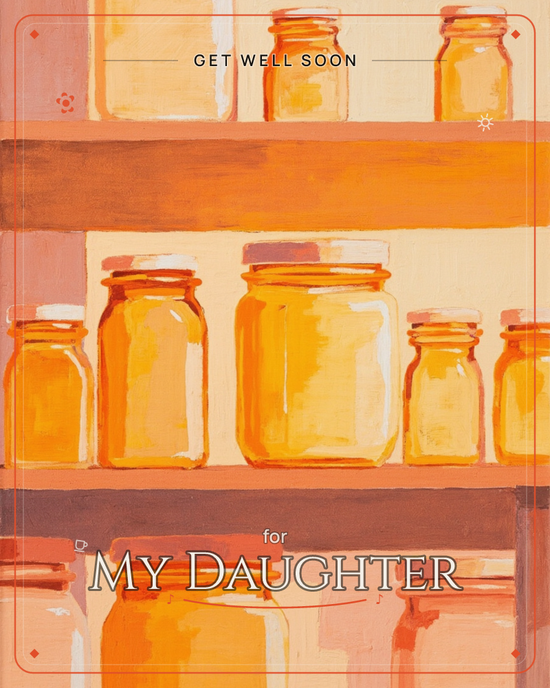 A pantry shelf lined with glass jars of golden preserves, painted in bold flat blocks of amber and honey-orange, a getwell e-card design
