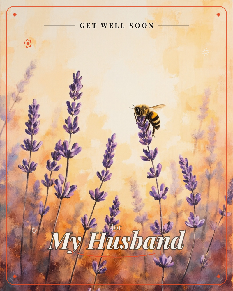 A field of lavender stems rises against a glowing amber sky, their purple flower spikes catching the last warm light of evening, a getwell e-card design