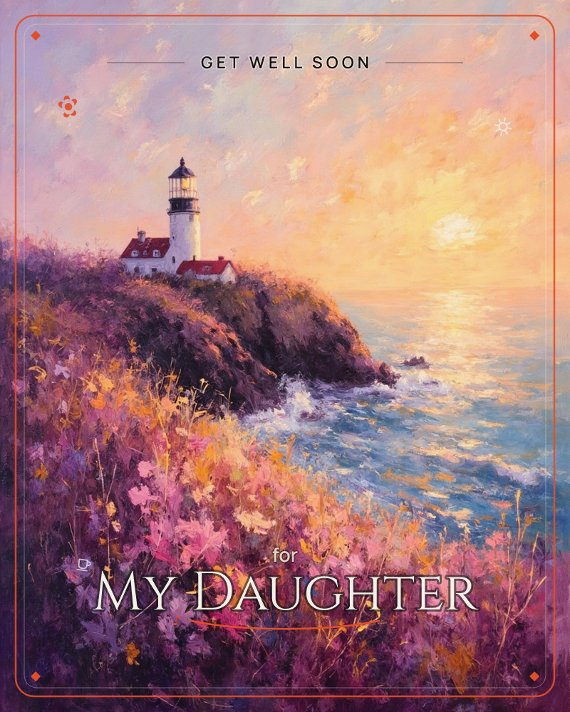 A white lighthouse with a red roof stands atop a rugged cliff overlooking the sea, painted in thick, glowing brushstrokes as the sun sets low over the…, a getwell e-card design