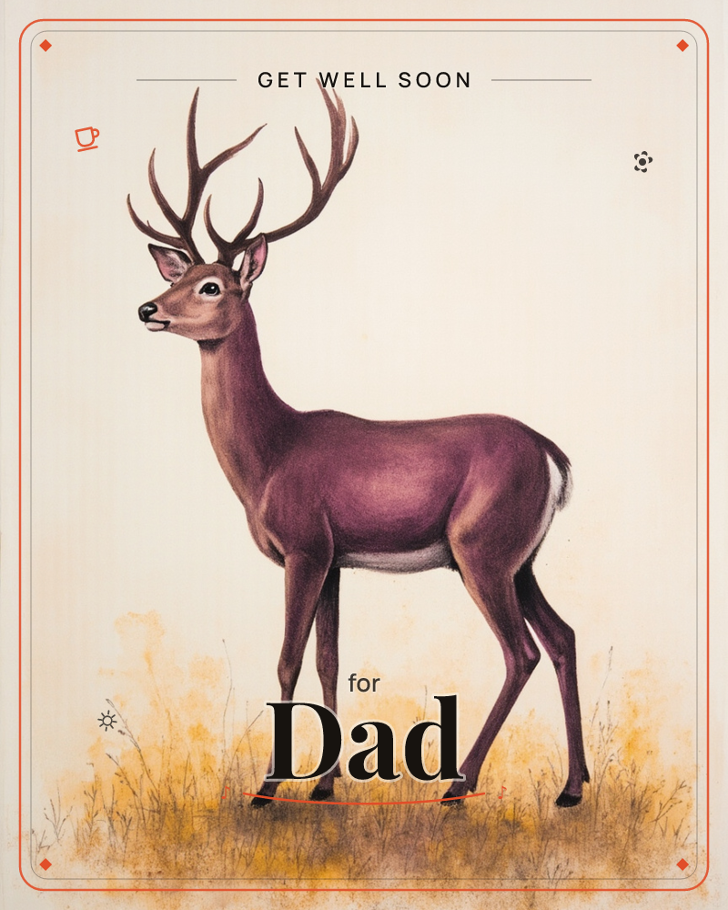 A stag stands alert in profile against a plain cream background, its full rack of antlers rising above a wash of golden dry grasses at its feet, a getwell e-card design