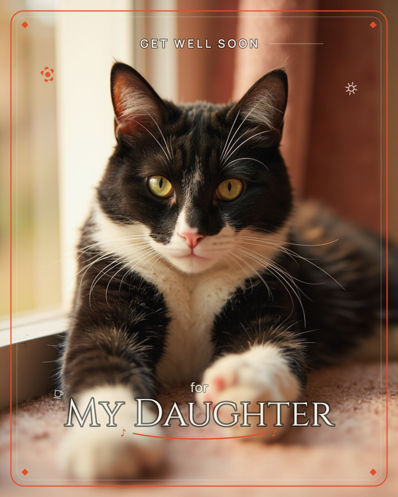 A black-and-white tuxedo cat lies stretched along a sunlit windowsill, paws tucked forward and green eyes fixed on the camera, a getwell e-card design
