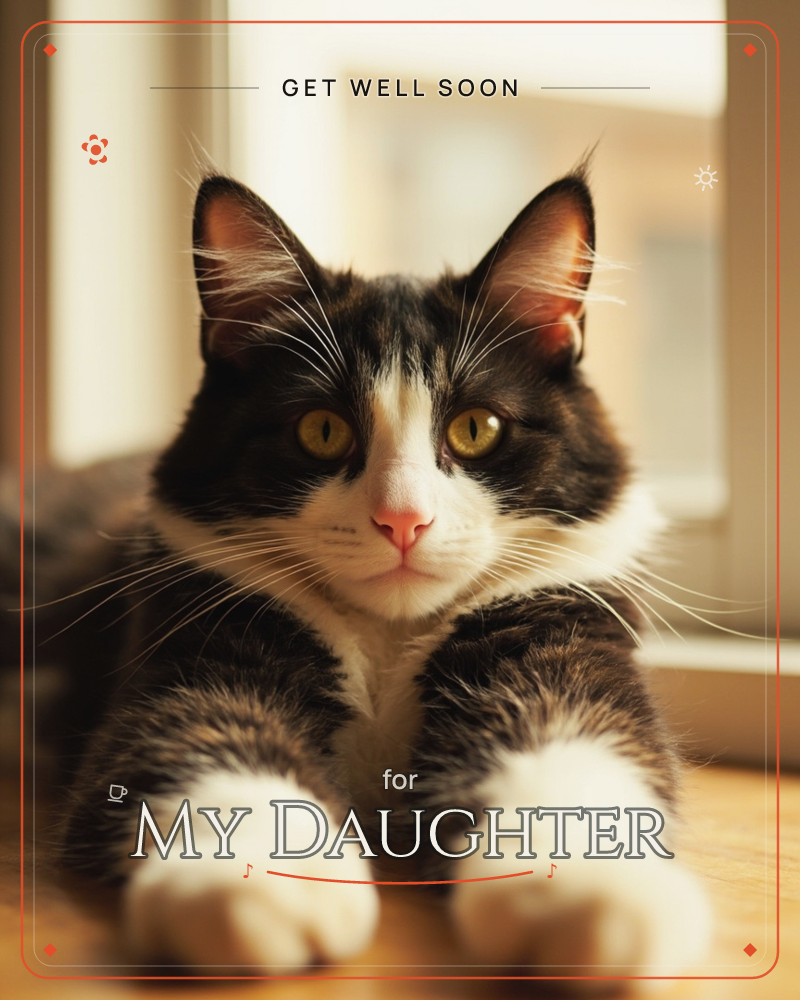 A black-and-white cat sits squarely in a pool of warm window light, paws tucked forward, ears alert and yellow eyes fixed straight ahead, a getwell e-card design