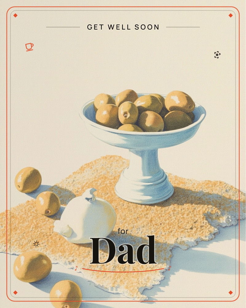 A pale blue pedestal bowl sits piled high with round golden-green fruit, resting on a rough textured cloth against a plain cream background, a getwell e-card design