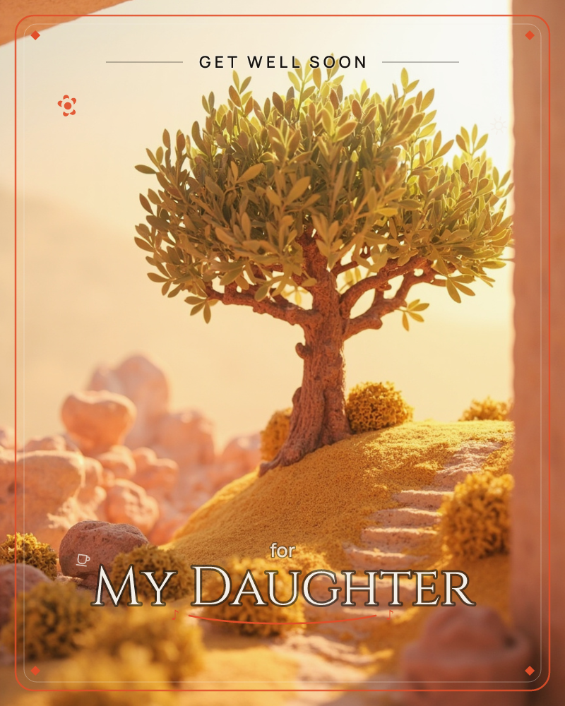 A single olive tree stands on a sandy hilltop, framed by a stone archway with rounded boulders scattered nearby, a getwell e-card design