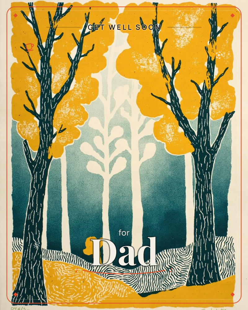 A stylized autumn forest print with dark, textured tree trunks and bold marigold-yellow canopies framing a hazy stand of pale slender birches in the…, a getwell e-card design