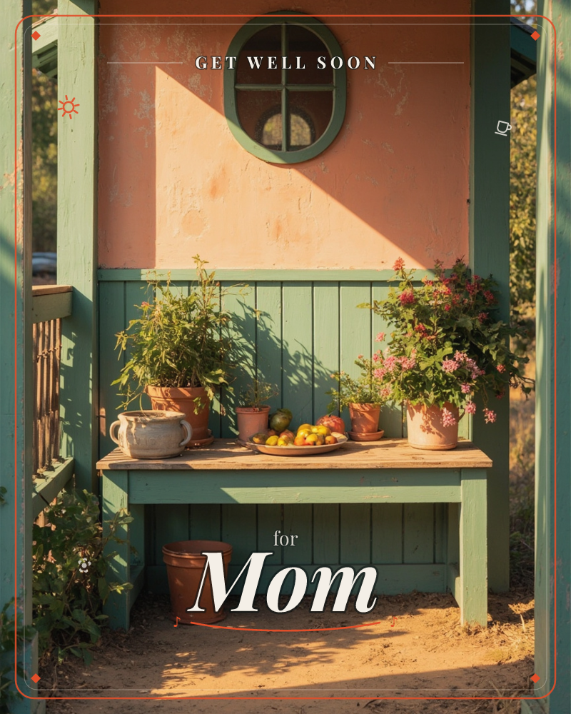 A weathered garden shed with peach-plaster walls and sage-green woodwork frames a round window with a simple cross pane, a getwell e-card design