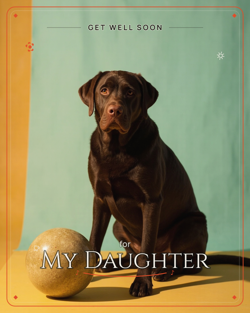 A chocolate Labrador sits for a studio portrait against a mint-green backdrop with a warm mustard stripe glowing at the edge, an old ball resting by…, a getwell e-card design