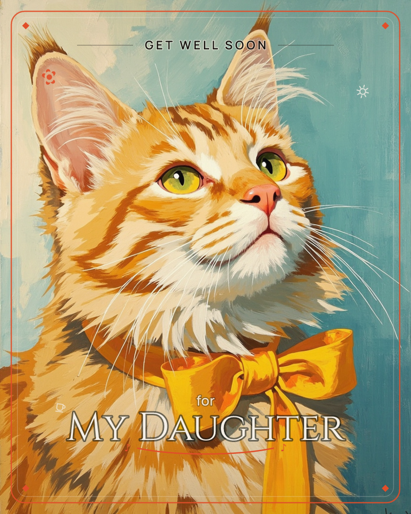 A close-up portrait of a fluffy orange tabby cat with bright green-yellow eyes, gazing upward with an air of curious dignity, a getwell e-card design