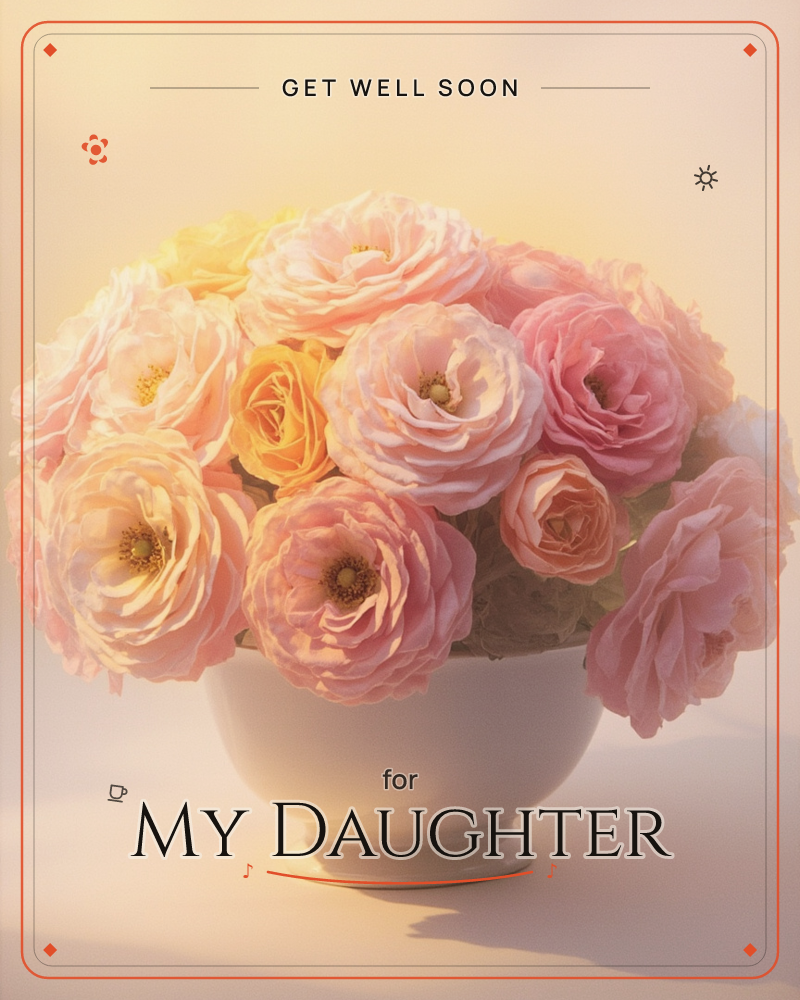 A rounded white ceramic bowl overflows with full, ruffled roses in blush pink and creamy apricot, their petals catching a warm golden light that washes…, a getwell e-card design