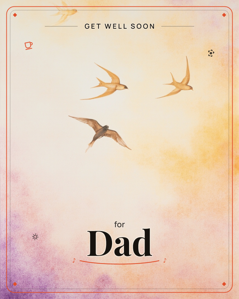 Four swallows swoop across a hazy sky washed in soft gold, peach and lavender, their forked tails and pointed wings caught mid-flight, a getwell e-card design