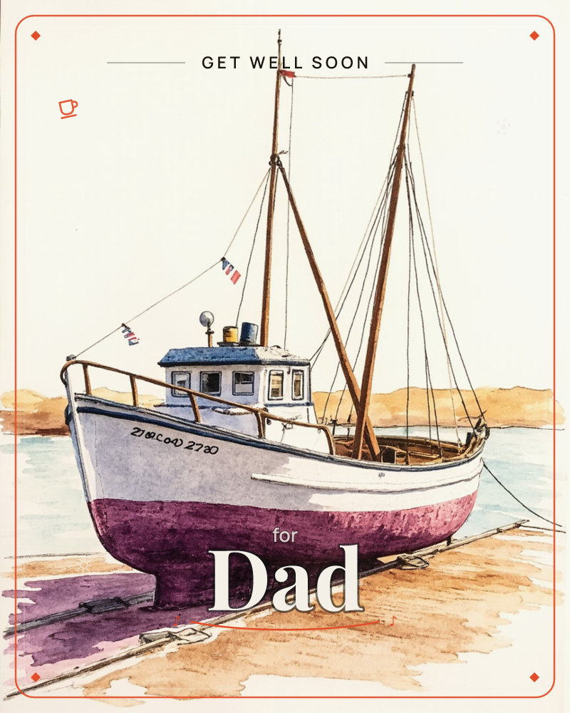 A weathered fishing boat with a maroon hull and white cabin sits grounded on a sandy shore beside a wooden slipway, its twin masts and rigging lines…, a getwell e-card design