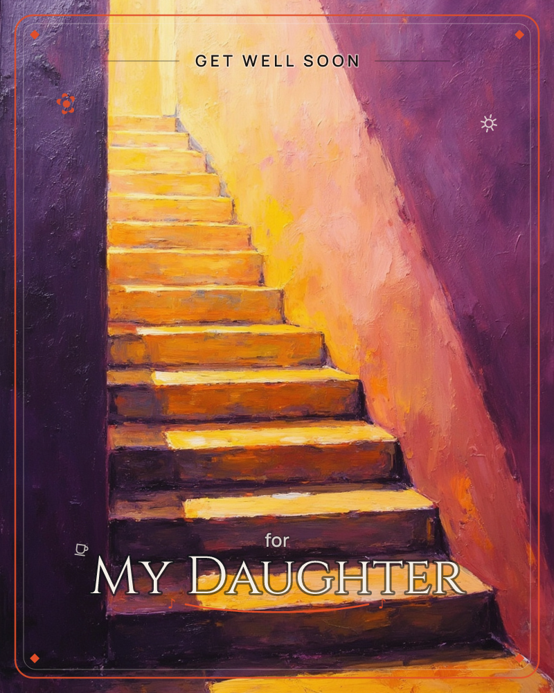 A steep stairway climbs into a wash of golden light, its steps glowing amber against deep plum-shadowed walls, a getwell e-card design
