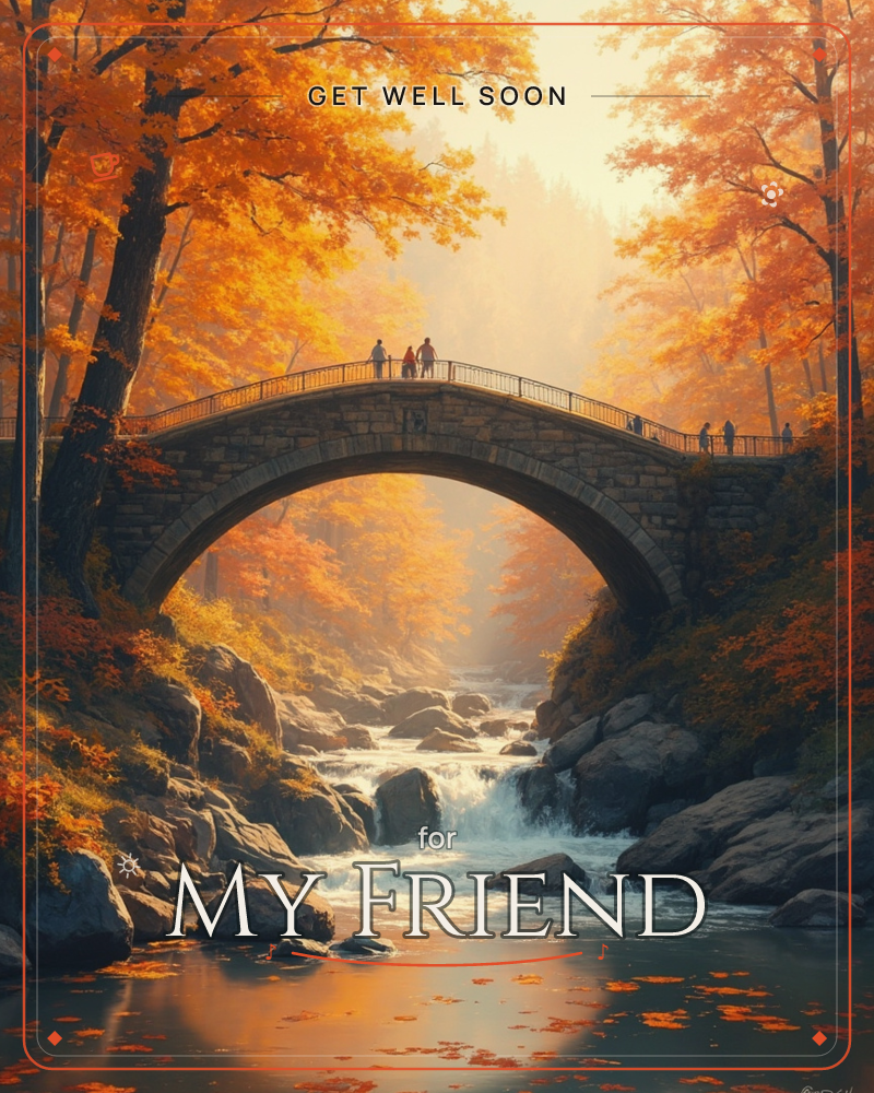 A stone arch bridge crosses a rocky river deep in an autumn forest, its arch framing a small waterfall below, a getwell e-card design