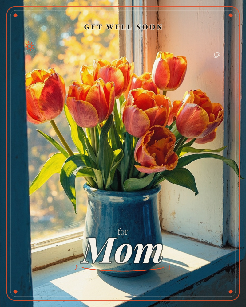 A blue glazed pot crowded with orange and red tulips sits on a weathered white windowsill, backlit by soft golden light, a getwell e-card design