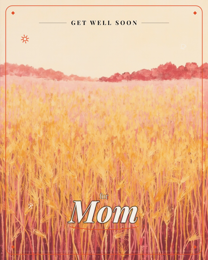 A golden wheat field fills most of the card, its stalks rendered in loose brushstrokes of amber and rose, leaning gently under an unseen breeze, a getwell e-card design