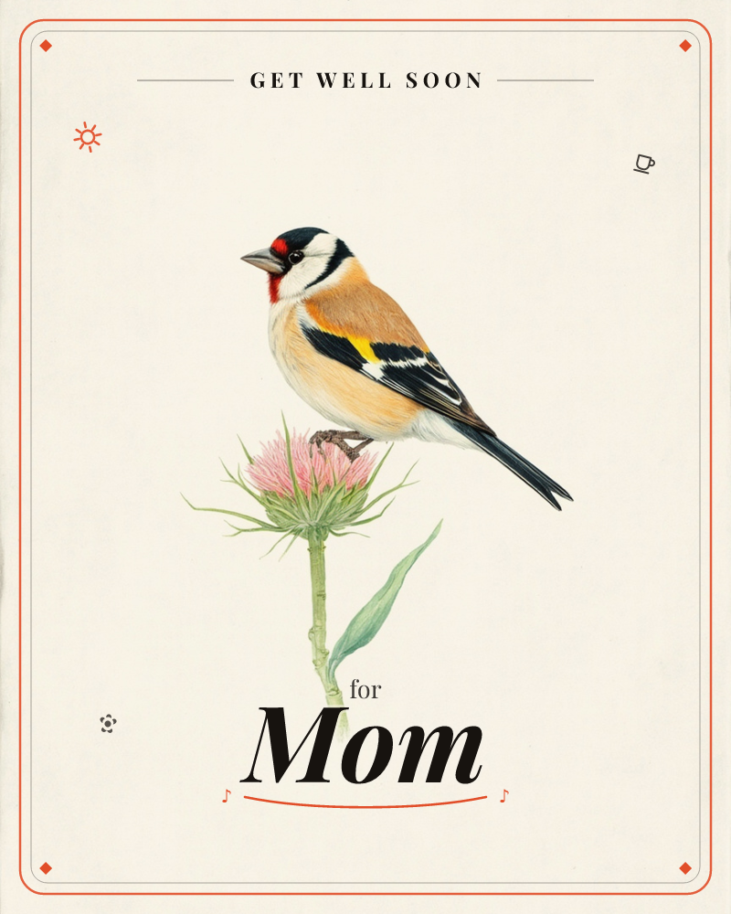 A goldfinch perches on the spiky pink bloom of a thistle, its red-masked face turned in profile against a plain cream background, a getwell e-card design