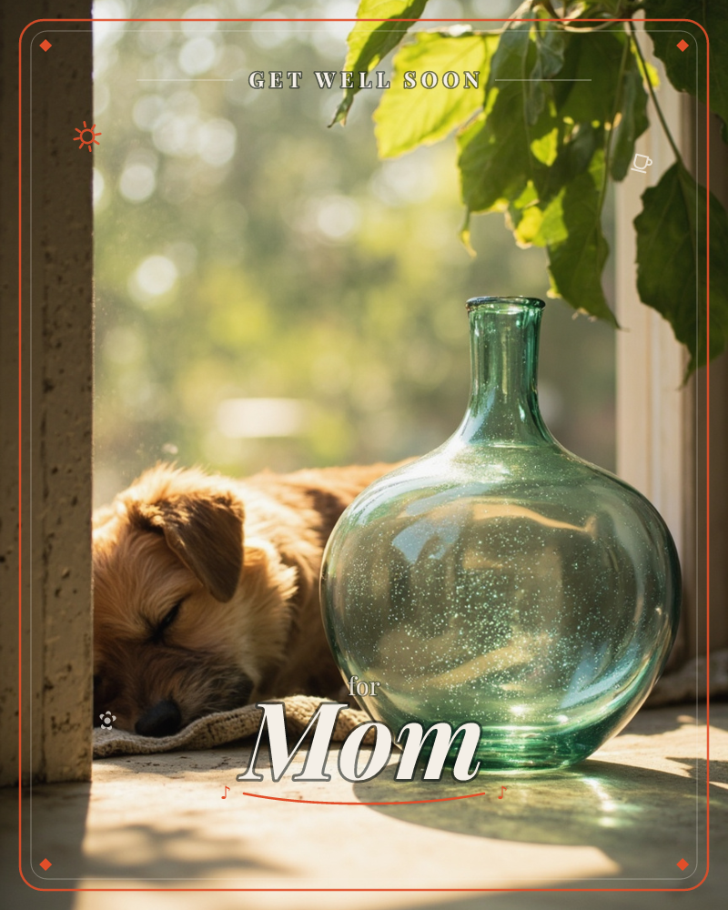 A dog lies curled and asleep on a windowsill cushion, half in shadow, beside a rounded green glass bottle catching the sunlight, a getwell e-card design