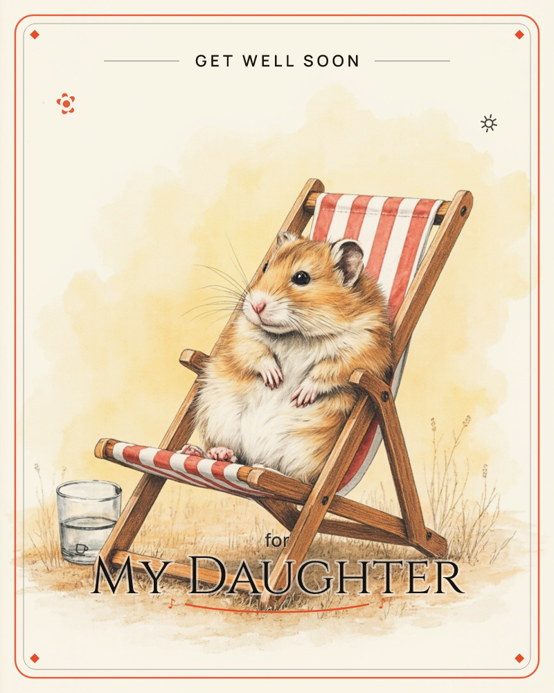 A plump golden hamster lounges back in a red-and-white striped deckchair, paws resting on its round belly, as if soaking up the sun, a getwell e-card design