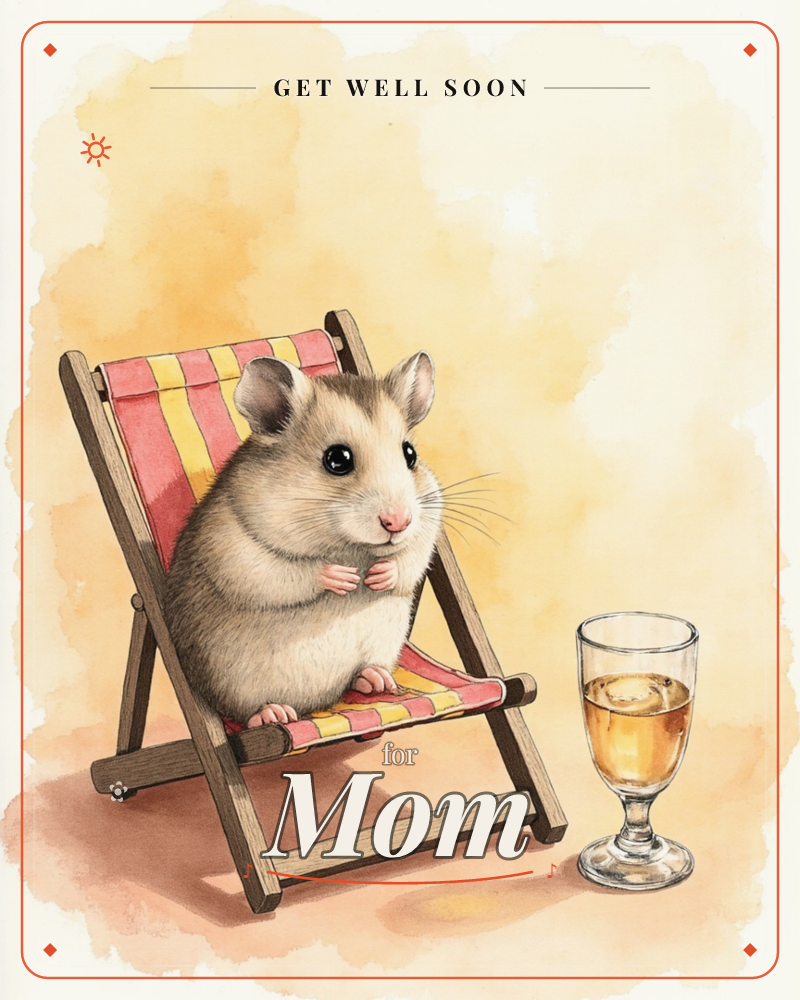 A round, whiskery hamster lounges in a striped pink-and-yellow deckchair, paws folded contentedly on its belly, with a stemmed glass of iced drink set…, a getwell e-card design