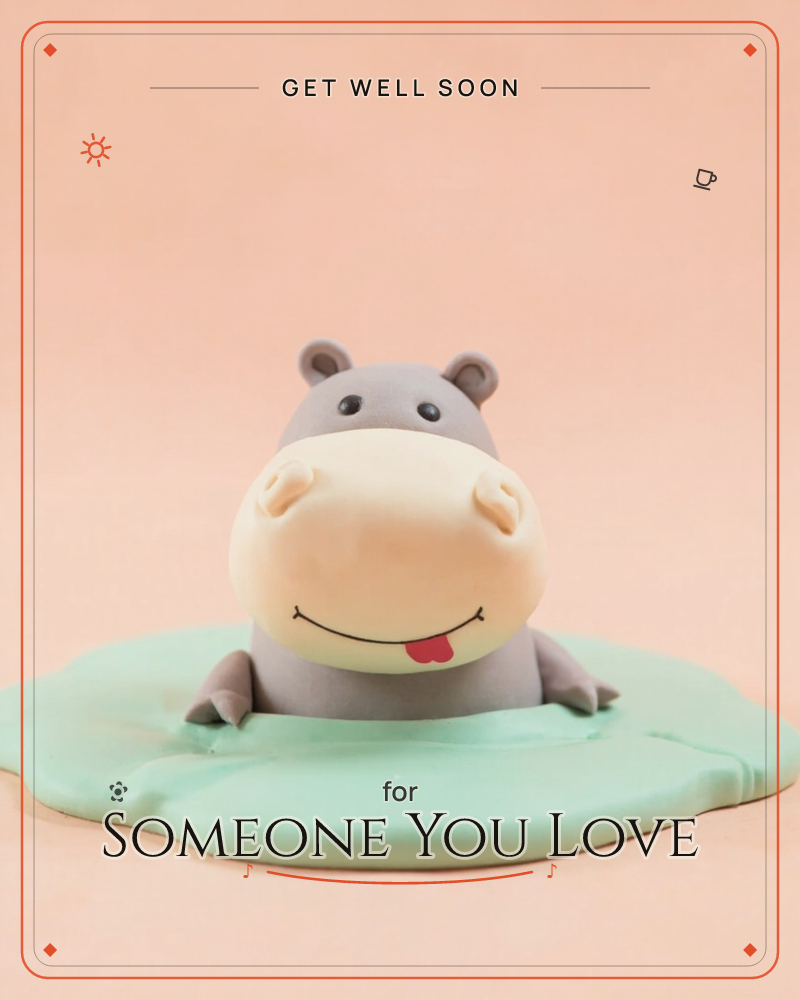 A pudgy grey hippo figure peeks up from a puddle of mint-green clay, resting its little arms on the edge and sticking out its tongue with a cheeky smile, a getwell e-card design