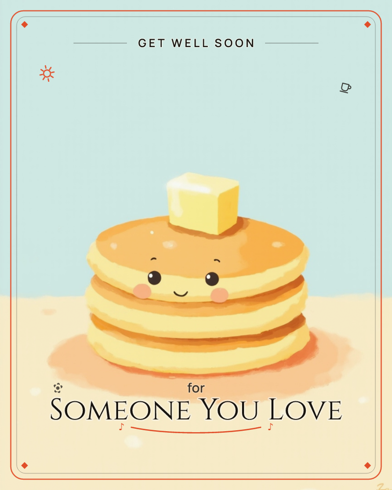 A stack of three golden pancakes sits with a cheerful smiling face drawn on the top layer, topped with a small square pat of butter, a getwell e-card design