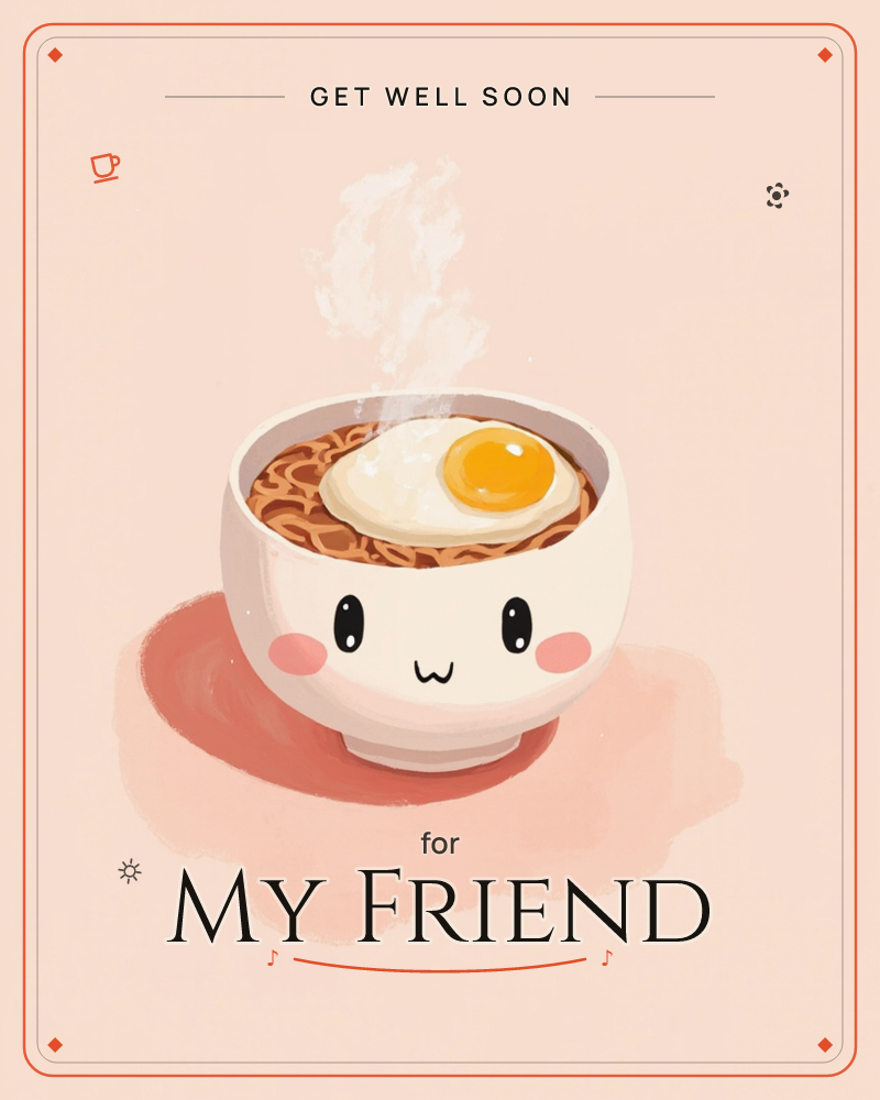 A cheerful white bowl with a tiny painted face sits full of steaming ramen noodles, topped with a glossy fried egg, a getwell e-card design