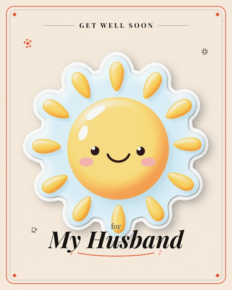 A cheerful cartoon sun sits like a sticker on a soft peach background, its round yellow face glowing with a glossy highlight and rosy cheeks, a getwell e-card design
