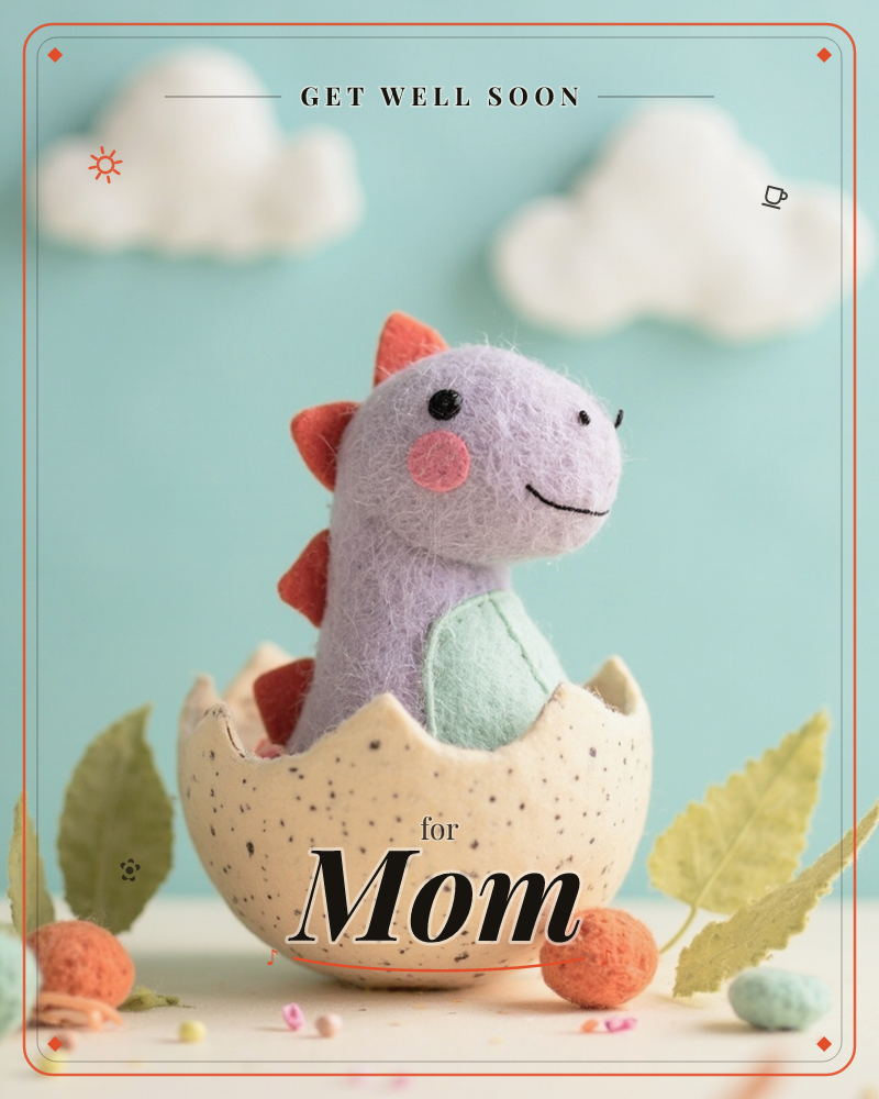A felt purple dinosaur with orange spikes and rosy cheeks pokes out of a cracked speckled eggshell, smiling against a pale teal sky dotted with fluffy…, a getwell e-card design