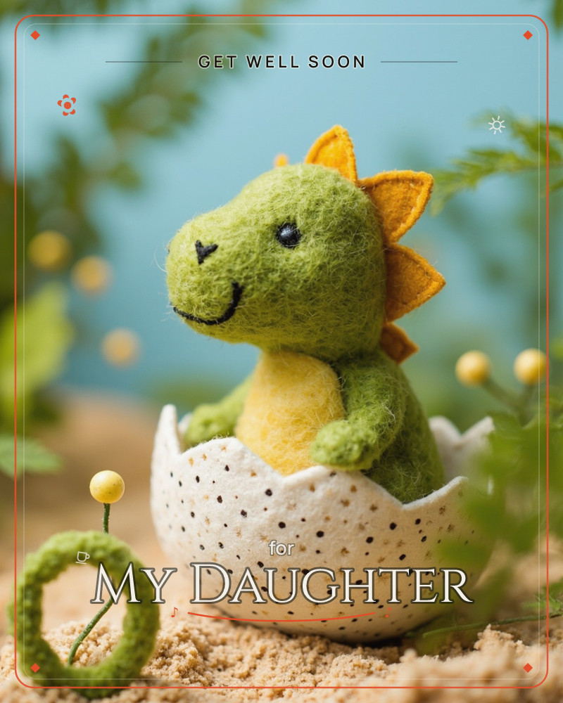 A felted green dinosaur with a smiling stitched face and a fan of orange spikes pokes out of a cracked, speckled white eggshell, a getwell e-card design
