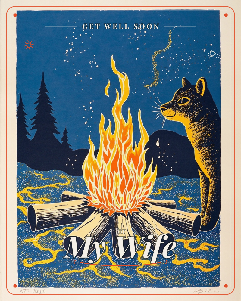 A stylized wildcat sits close beside a blazing campfire under a deep blue starry night sky, its whiskers catching the glow of the flames, a getwell e-card design