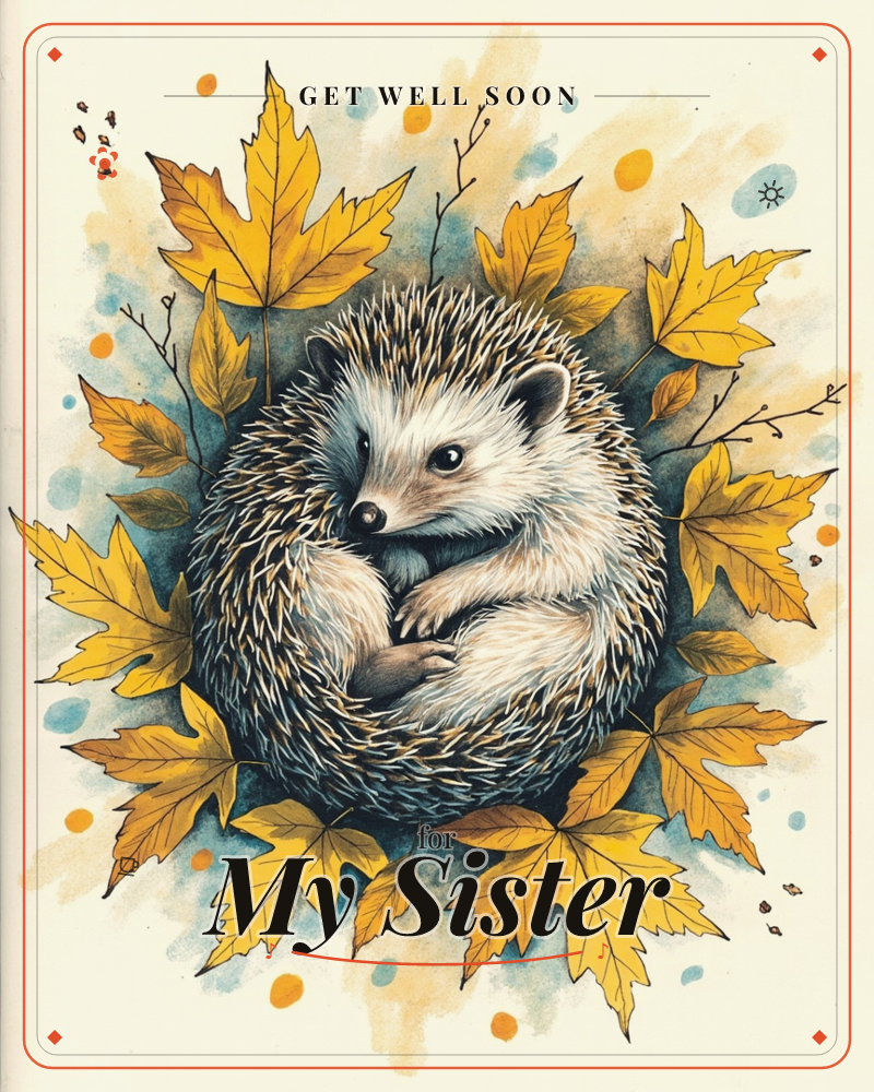 A curled-up hedgehog rests at the centre of a ring of golden maple leaves, its little paws tucked together against its chest, a getwell e-card design