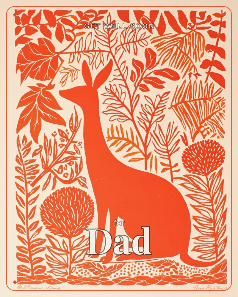 A linocut-style print shows a kangaroo sitting upright amid dense botanical foliage, all rendered in a single bold burnt-orange tone against a warm…, a getwell e-card design