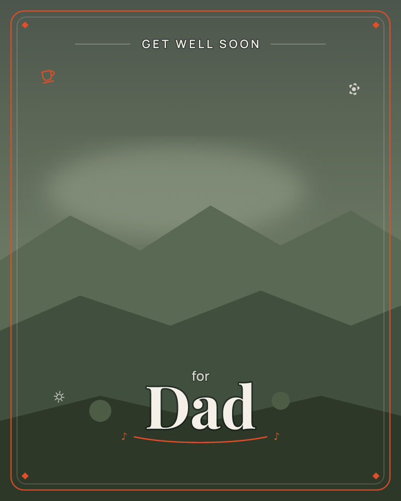 Layered mountain silhouettes fold across the page in muted olive and moss tones, with a hazy pale glow rising behind the furthest peaks like moonlight…, a getwell e-card design by @DittyCityTeam