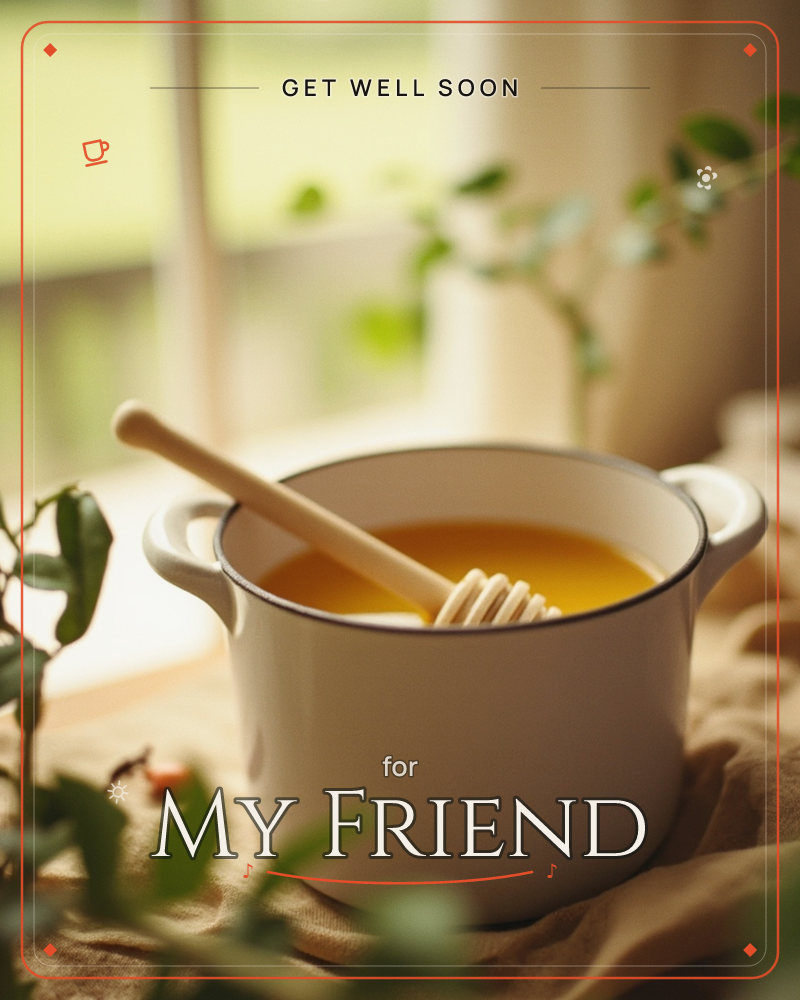 A small white ceramic pot filled with golden honey sits by a sunlit window, a wooden dipper resting inside it, a getwell e-card design
