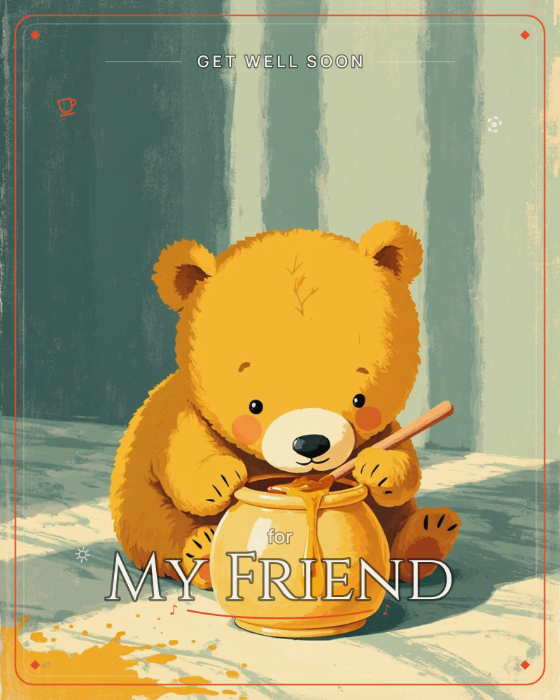A round-bellied golden bear cub sits on a striped teal and cream floor, both paws resting on a honey pot with a wooden dipper propped inside, a getwell e-card design