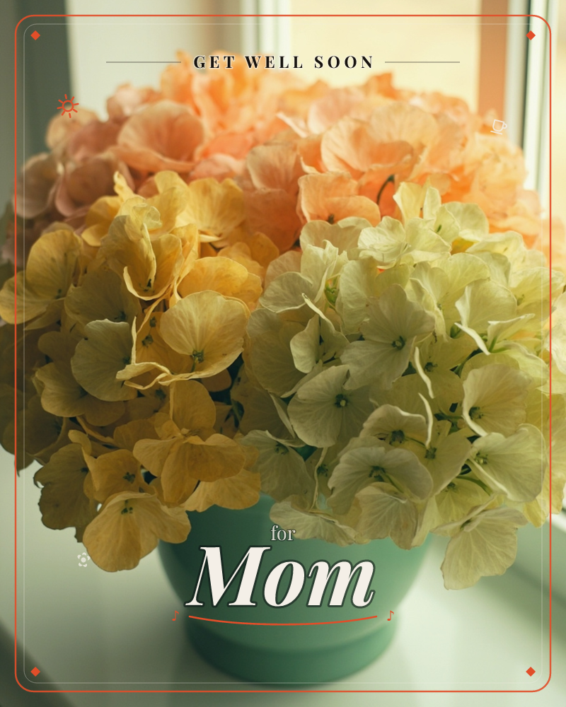A rounded teal vase holds a full, papery bloom of hydrangeas fading from soft peach at the top to buttery yellow and cream below, set on a windowsill…, a getwell e-card design