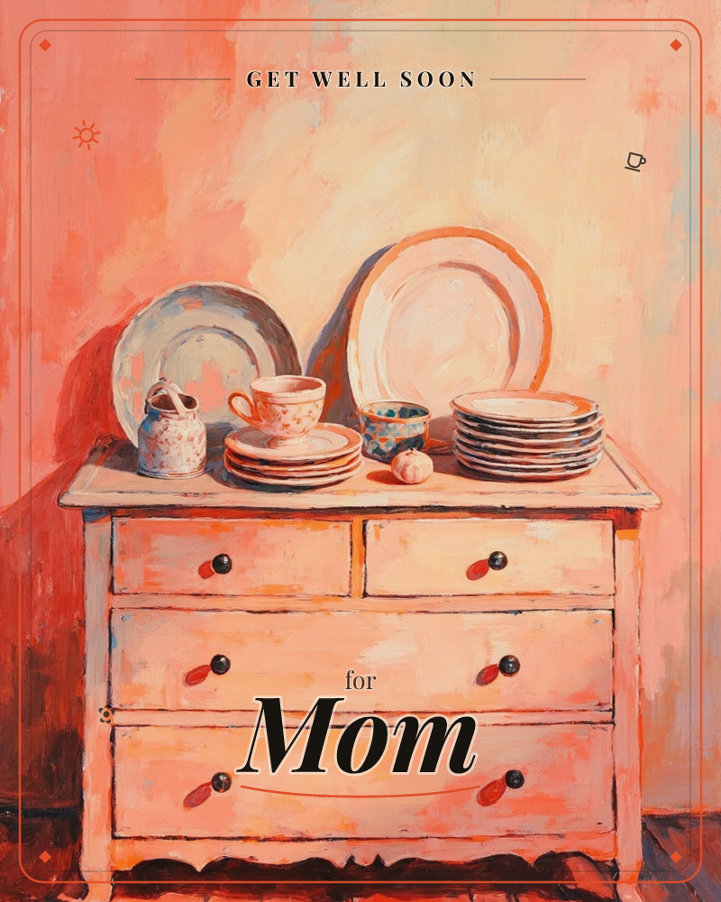 A painted still life shows a peach-toned wooden dresser topped with a stack of mismatched plates, a floral teacup and saucer, a small jug, and a…, a getwell e-card design